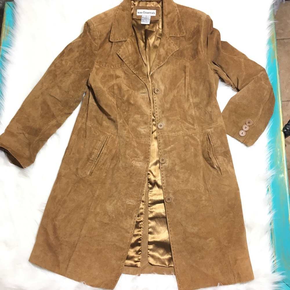 Vintage 90’s leather long cognac tan jacket sz s